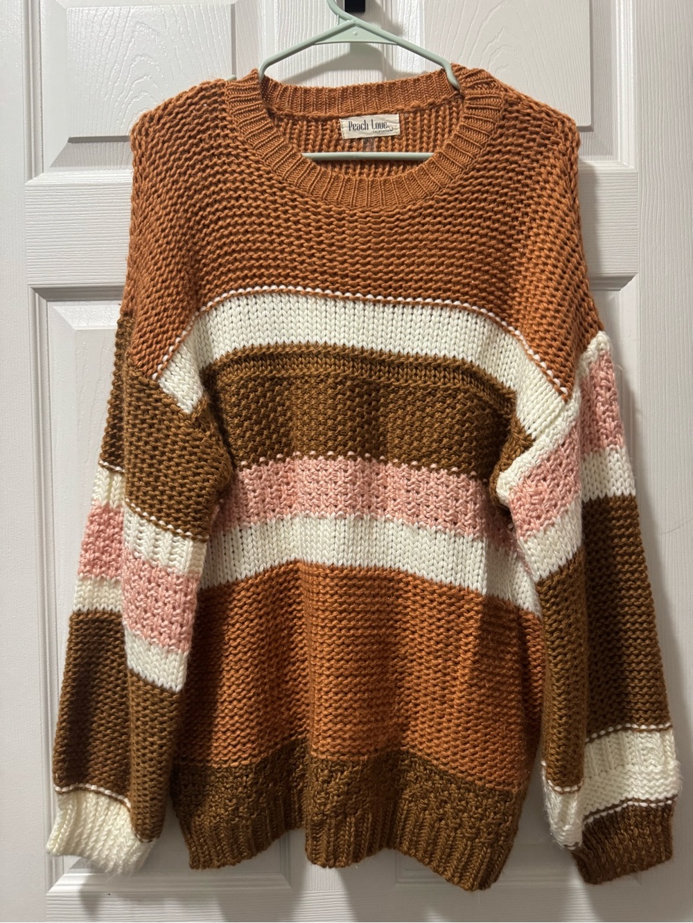 2/$25 Peach Love California Chunky Striped Crewneck Sweater - Rust, Cream & Pink